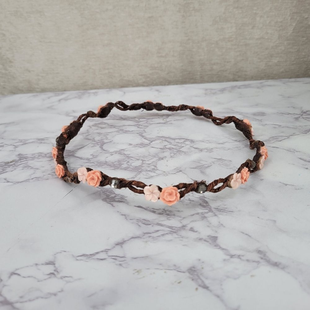 Floral Braided Headband Crown with Pink and Peach Flowers Bohi Hippie Festival